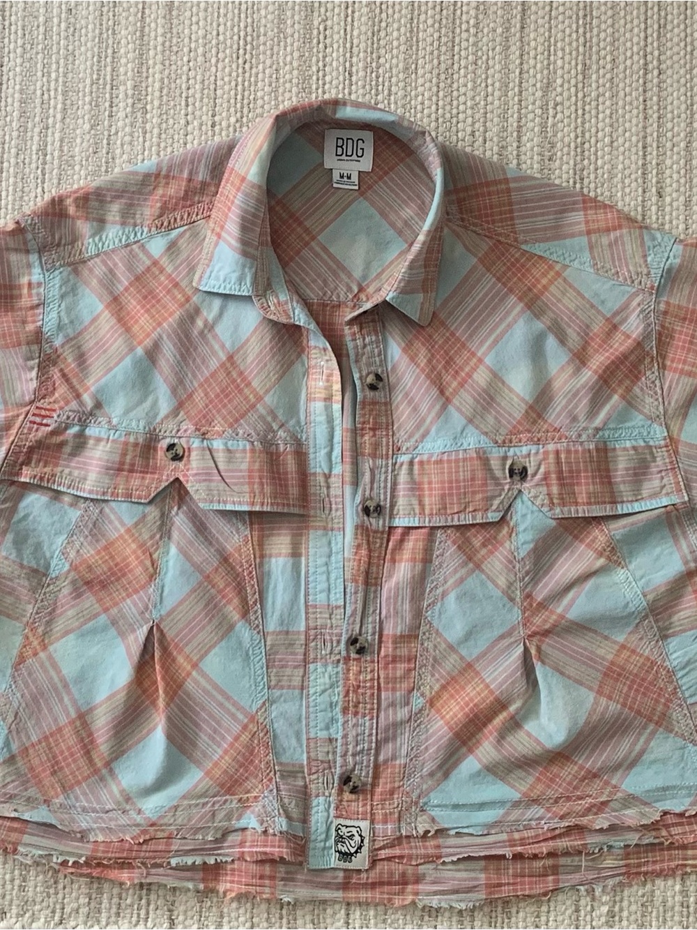 BDG Women’s Plaid Button-Up Shirt in Light Blue & Coral